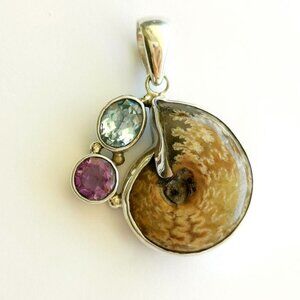 NEW Sterling Silver Ammonite fossil  topaz amethyst pendant necklace